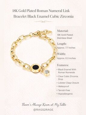 18K Gold Plated Roman Numeral Link Bracelet Black Enamel CZ Stainless NWT